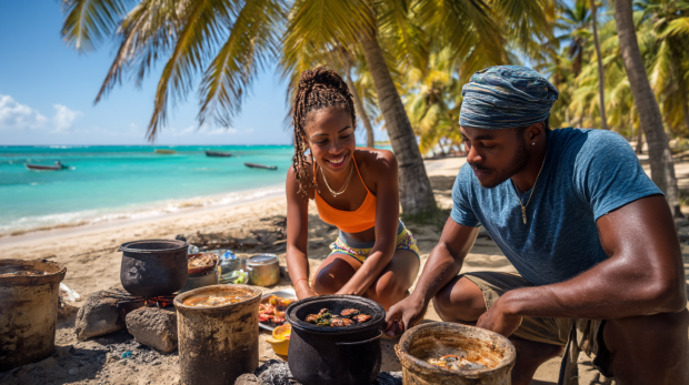 dwie osoby na plaży gotują obiad Kreole